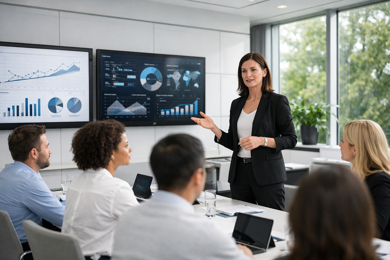 Business review around a large planning screen.